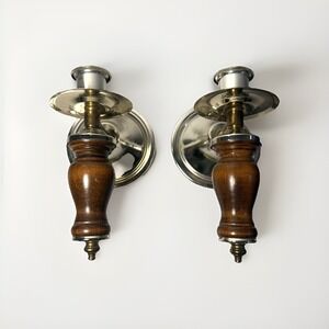 Vtg HOMCO Mid-Century Gold Brass Wood Wall Sconce Taper Candleholders Pair of 2